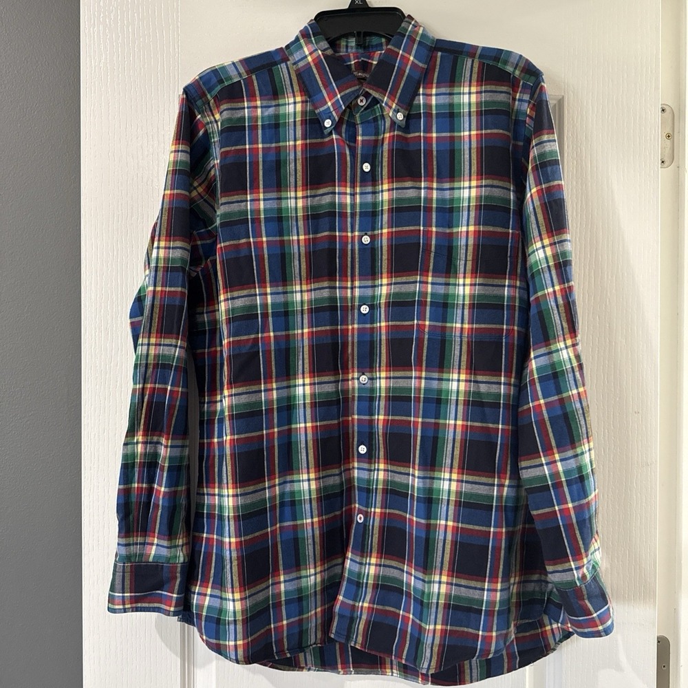 J. McLaughlin Shirt Mens Large Blue‎ Red Plaid Trim Fit Preppy EUC